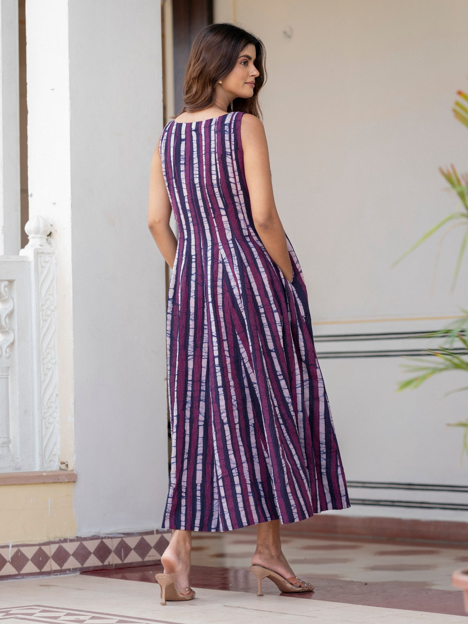 Purple striped block print batik cotton maxi dress for women, elegant handcrafted Indian casual wear with functional pockets, sizes S to 6XL