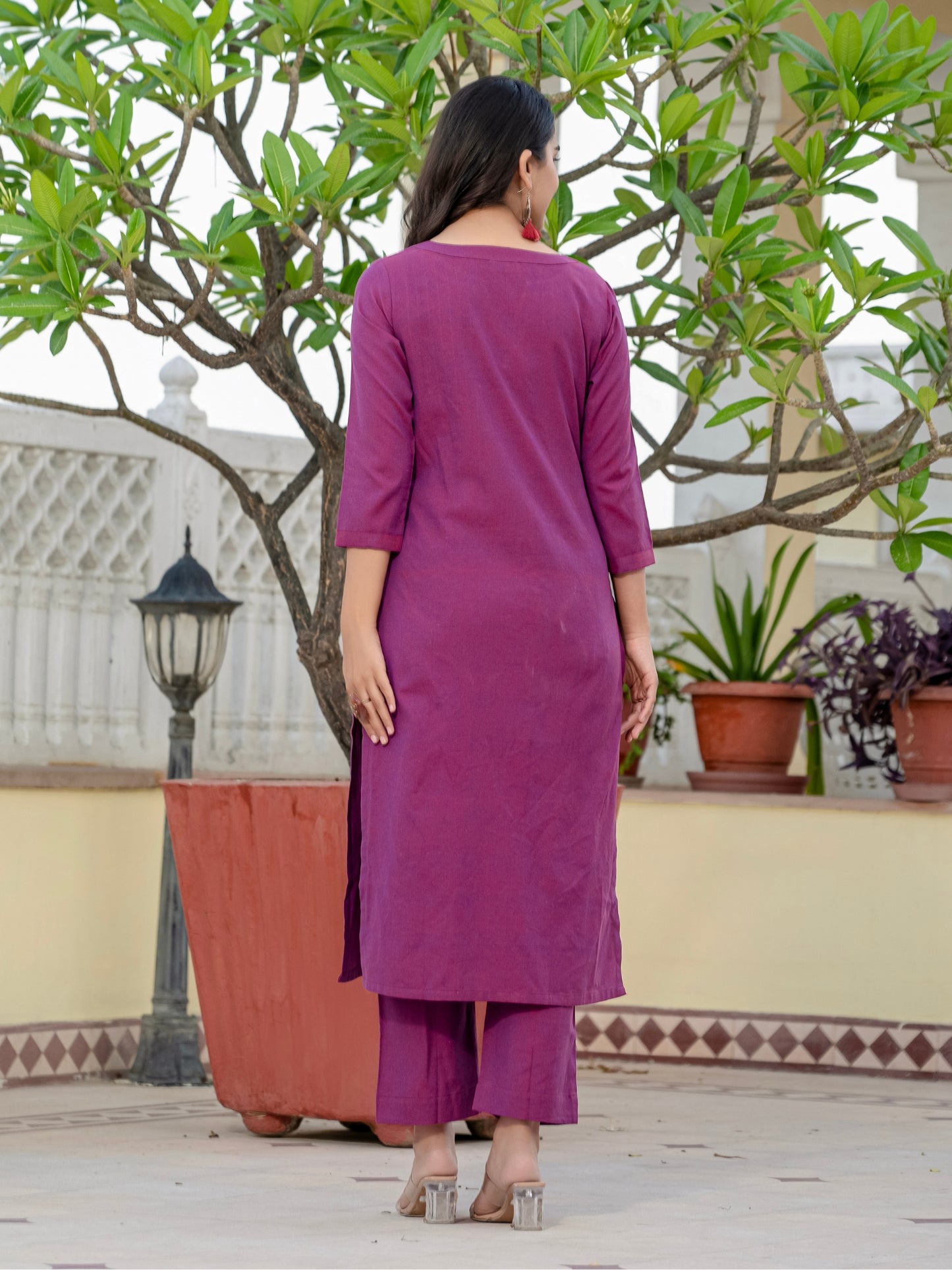 purple solid kurti with pants for women