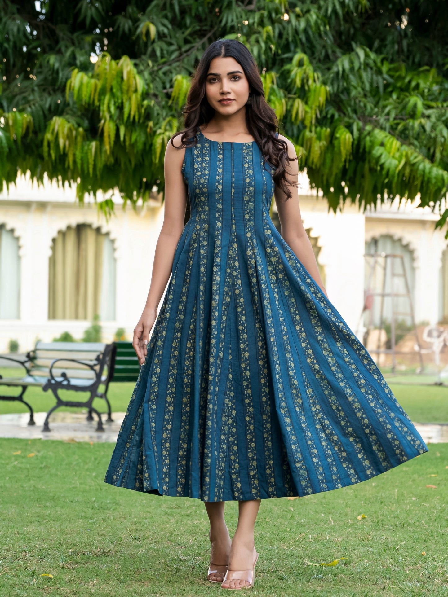Ajrakh Handblock Pure Cotton Green Dress for Women | CraftsandLooms Darzaania Ajrakh Handblock Pure Cotton Green Dress for Women | CraftsandLooms Darzaania