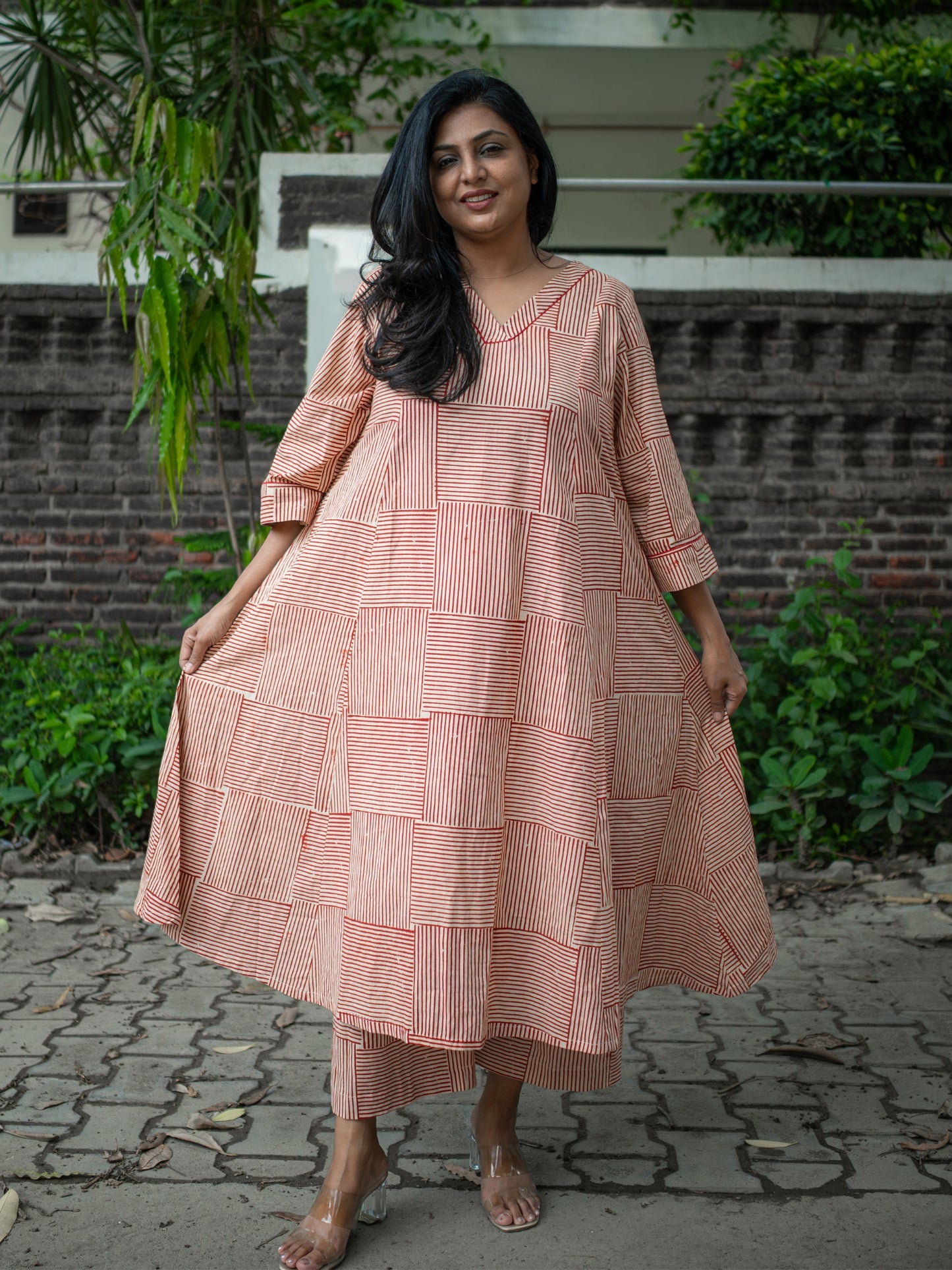 Samaira Red Stripes Block Print Pure Cotton Co-ord Set