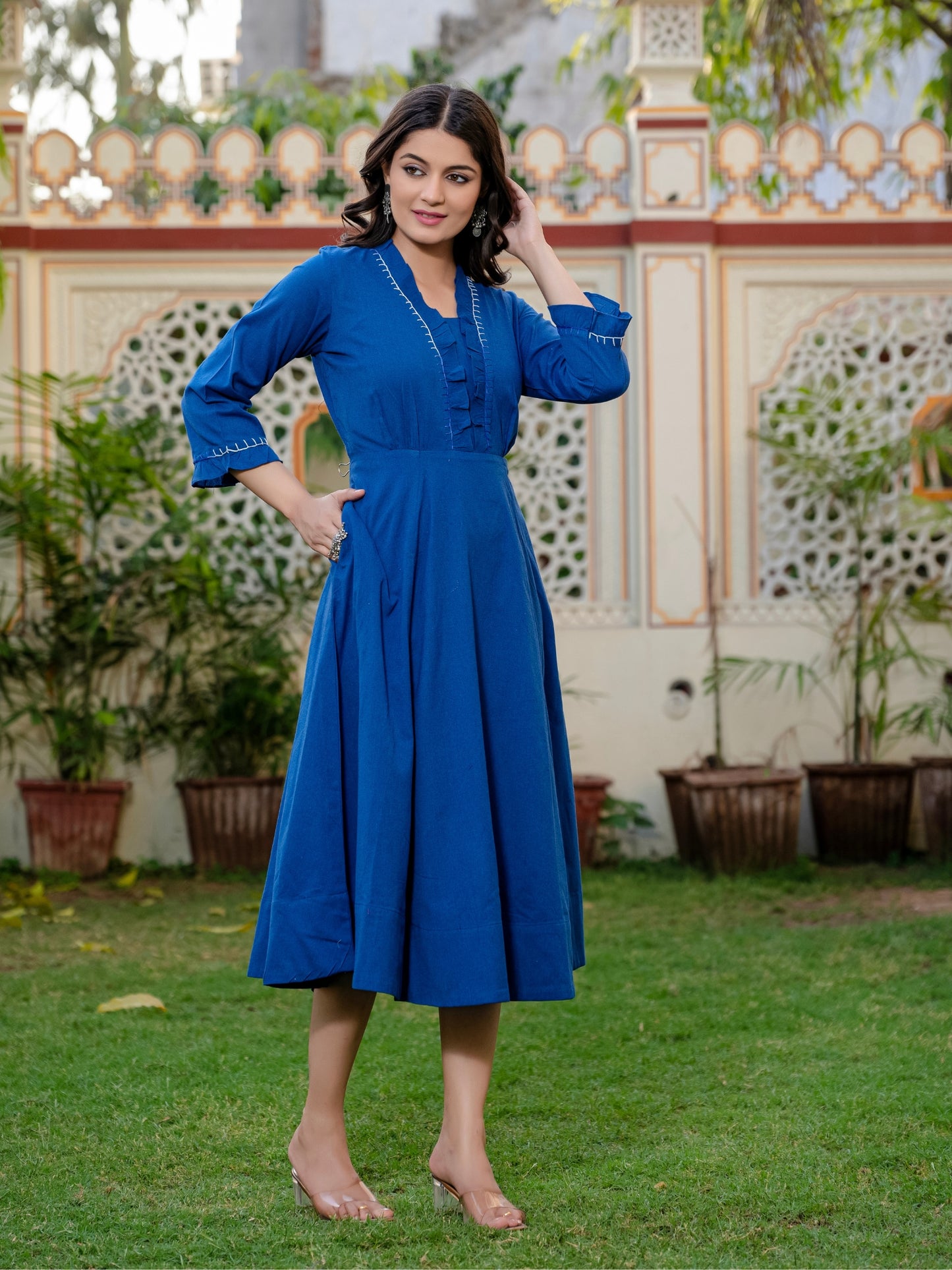 Darzaania Blue Embroidered Handloomed Cotton Dress