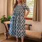 Blue Block Batik Print Cotton Midi Dress