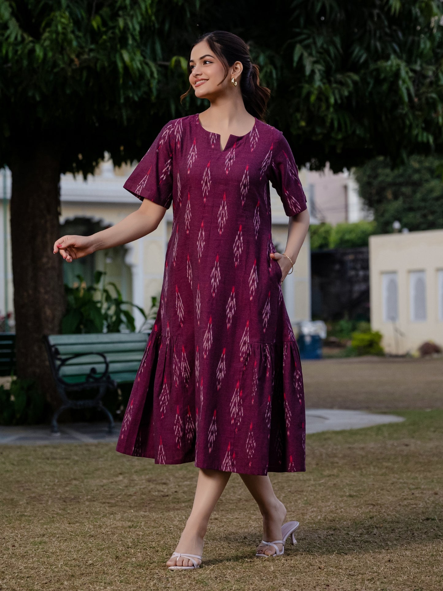 Close-up of wine Ikkat fabric used in the midi dress