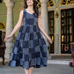 Handmade black cotton striped midi dress for women with pockets