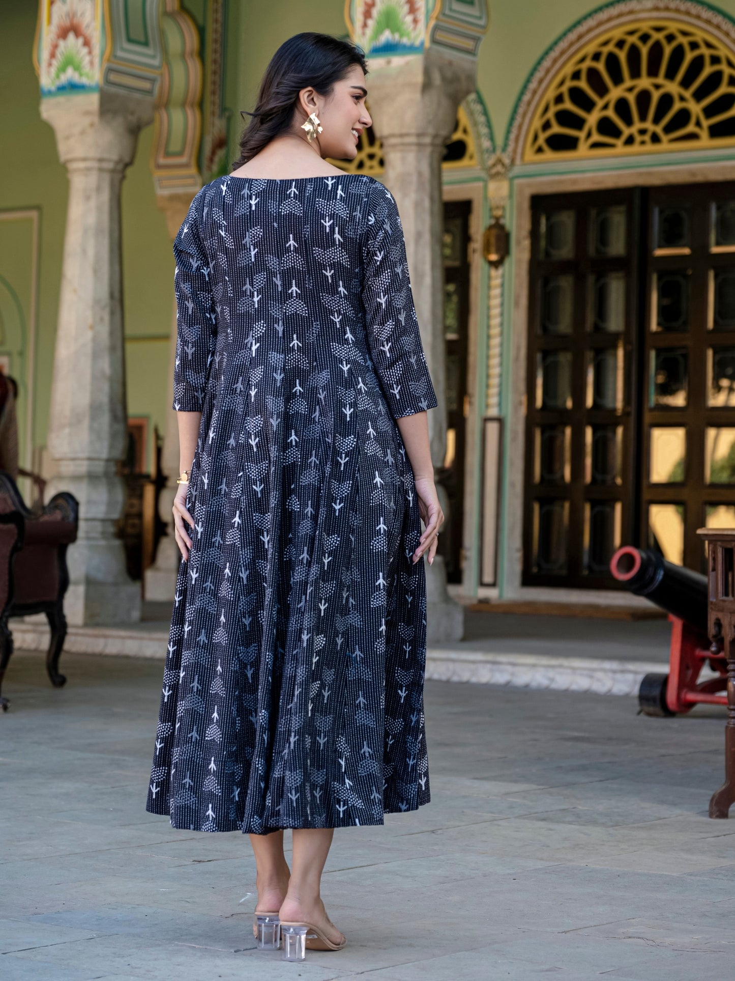 Darzaania Noor Kantha Work Block Print Pure Cotton Dress