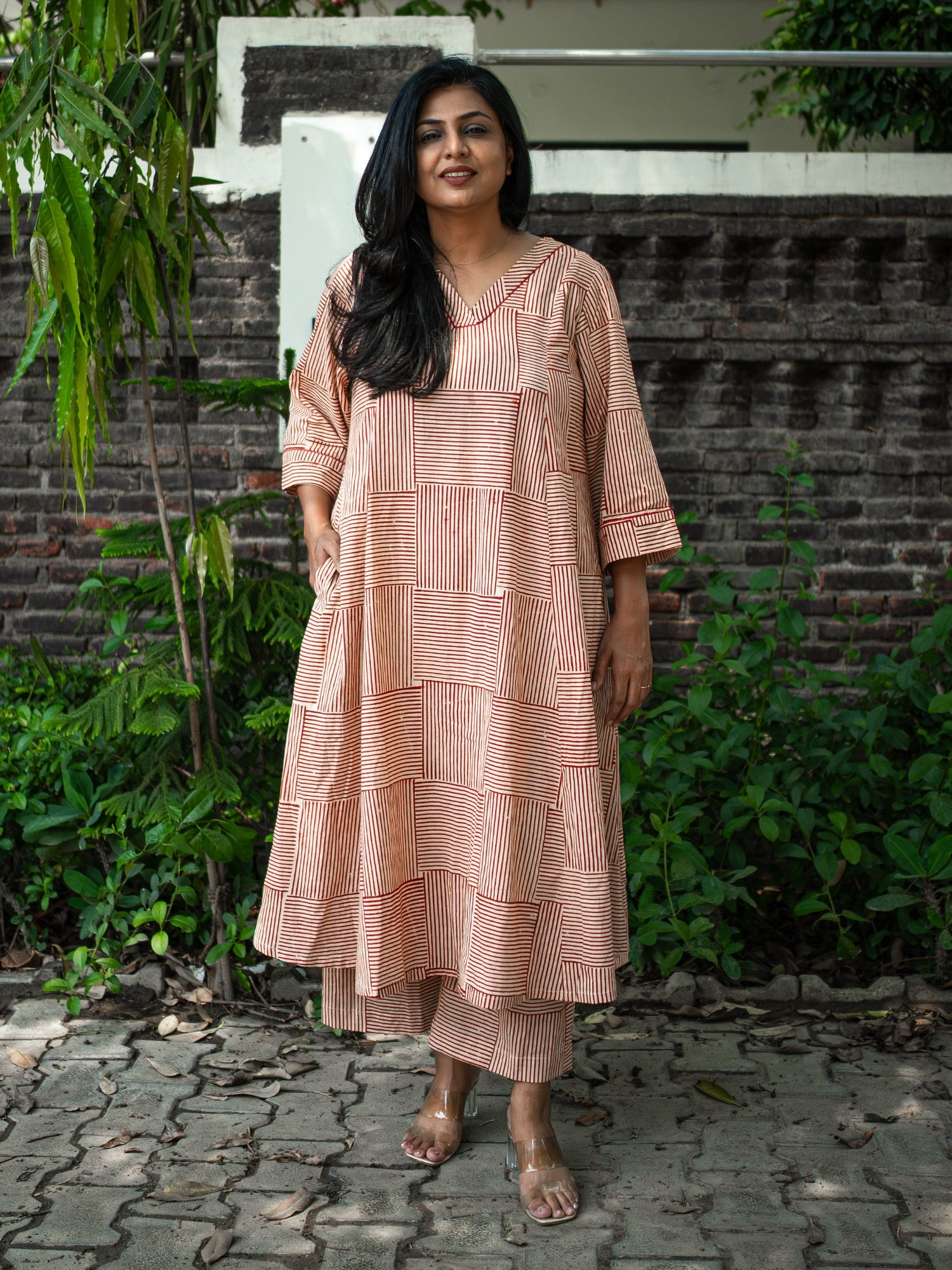 Samaira Red Stripes Block Print Pure Cotton Co-ord Set