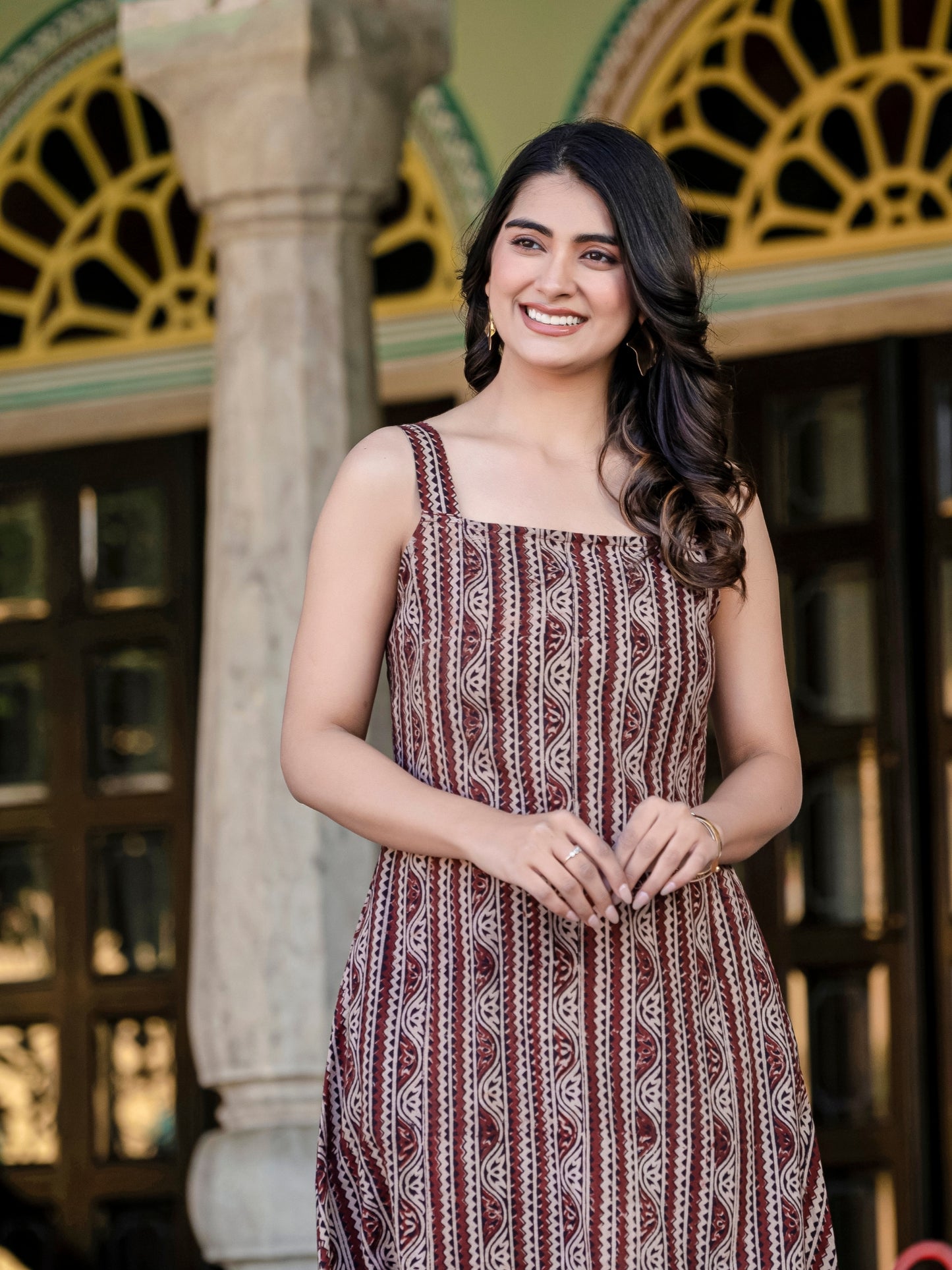Darzaania Sienna Raga Kalamkari Strap Cotton Dress