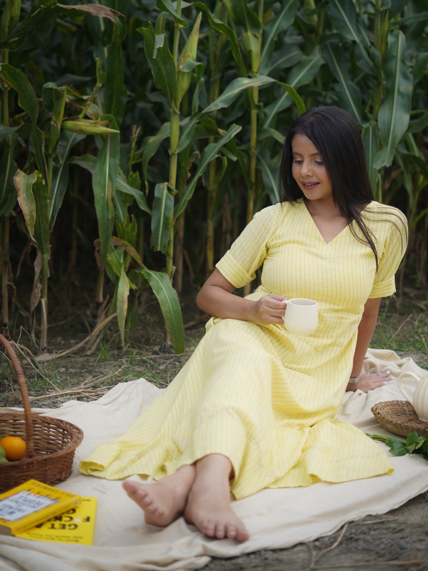 Yellow Jamdani Cotton ankle length Dress S to 6XL 