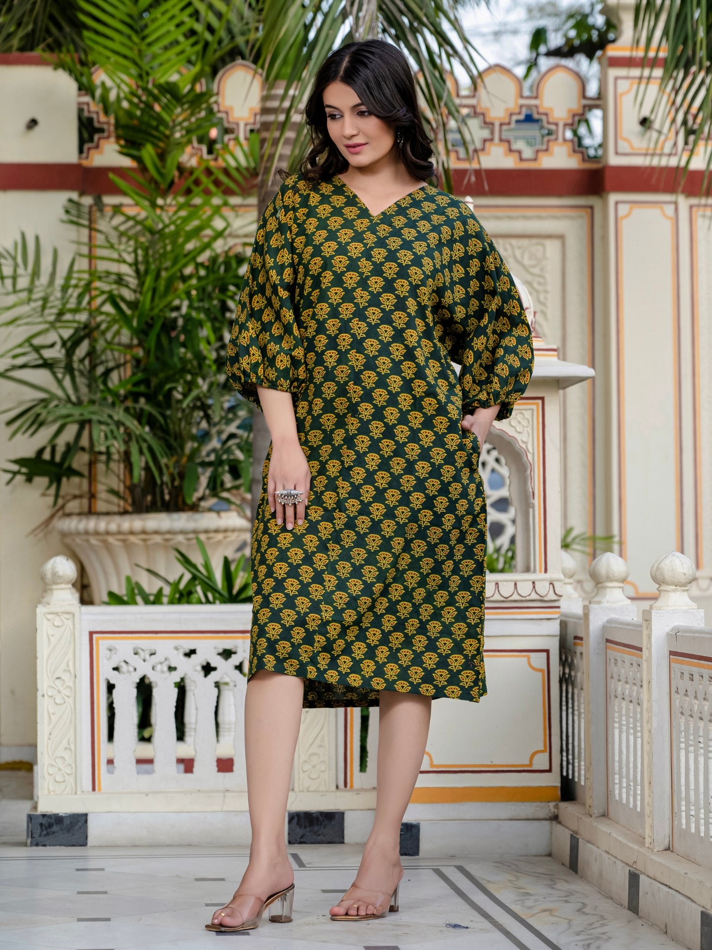 Anvitha Green Ajrakh Work Cotton Midi Dress