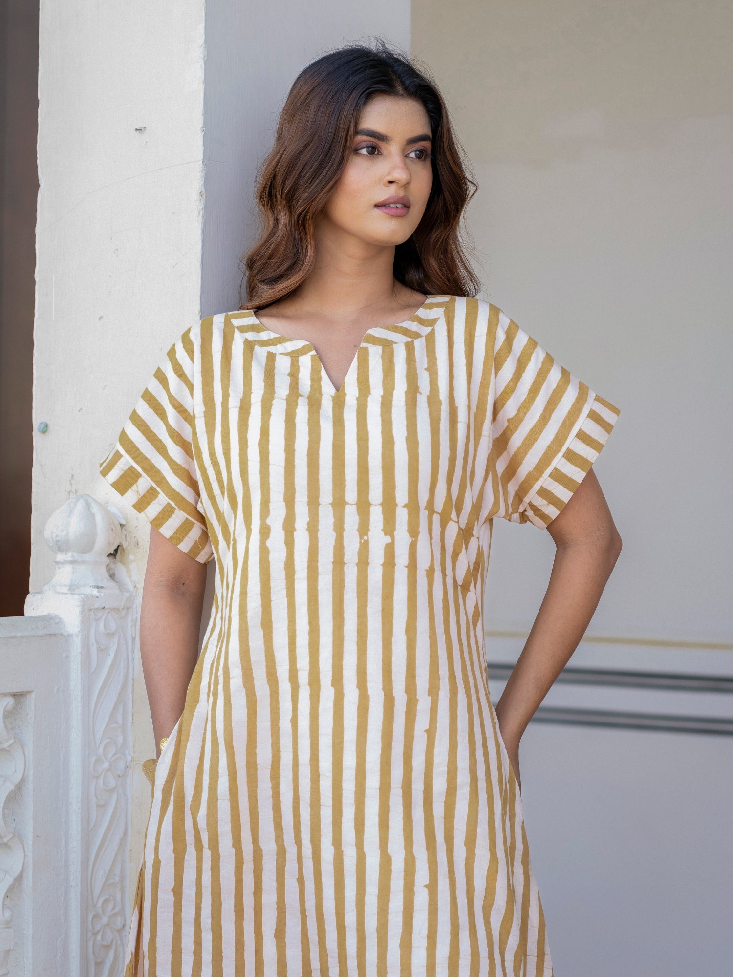 Breathable cotton handblock stripe midi dress with pockets for women sizes S to 6XL