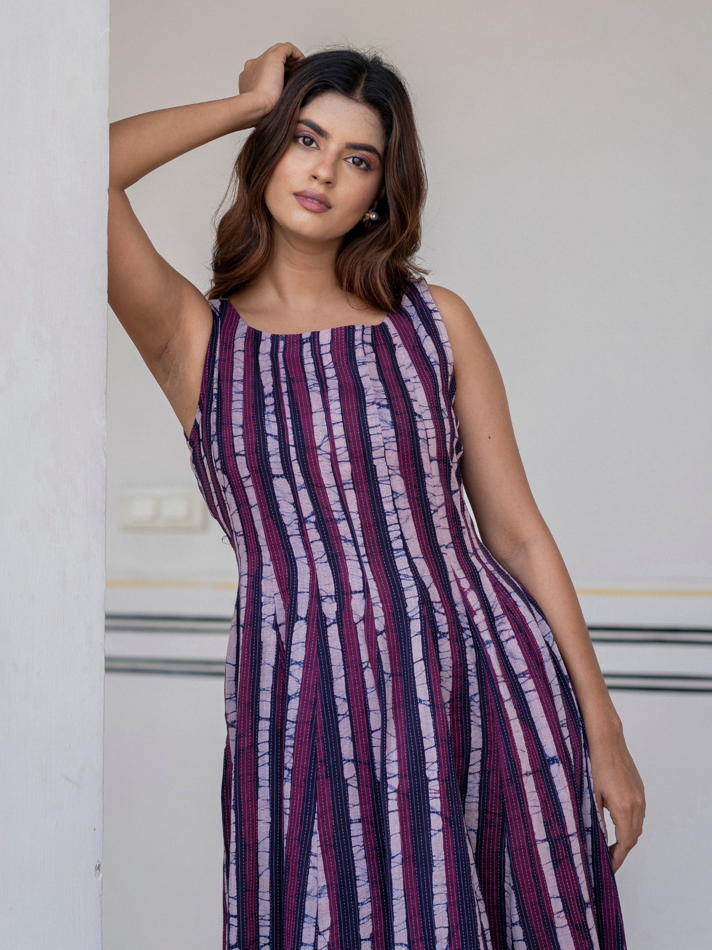Women's handcrafted purple striped batik work cotton maxi dress featuring traditional block prints, breathable summer wear available in S to 6XL