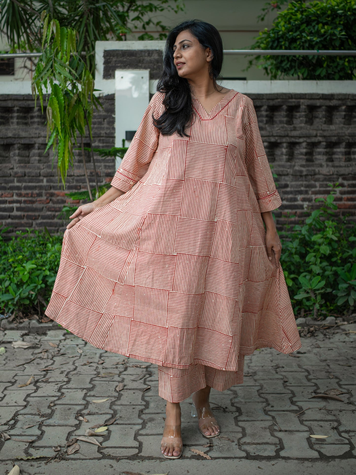 Samaira Red Stripes Block Print Pure Cotton Co-ord Set