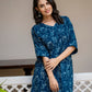 Knee length natural indigo cotton dress with pockets