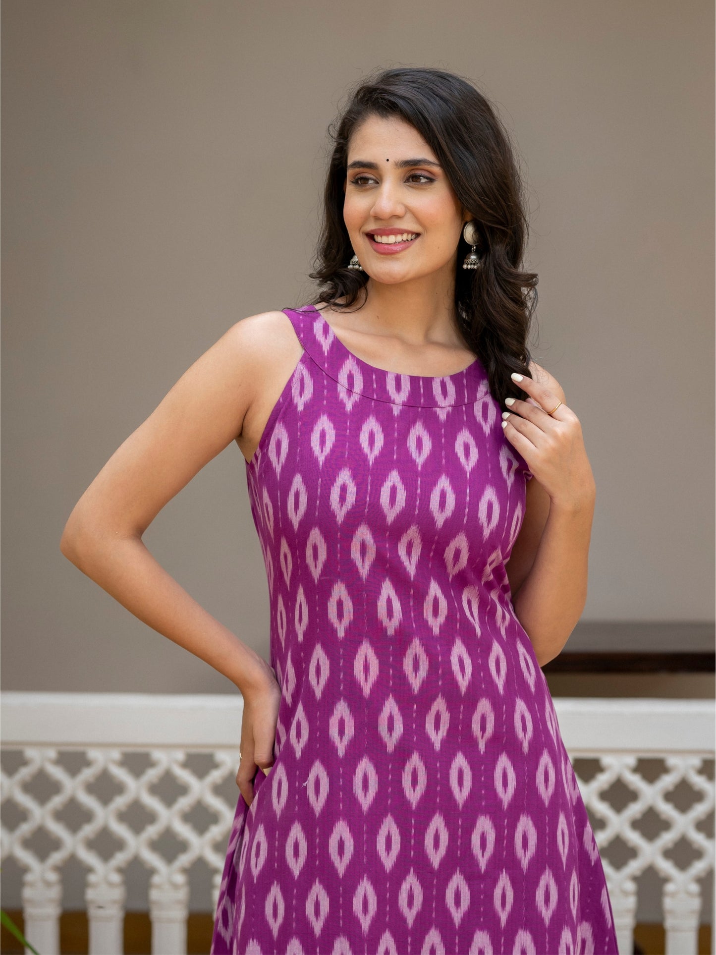 Women's breathable cotton co-ord set with sleeves and handwoven Ikat pattern