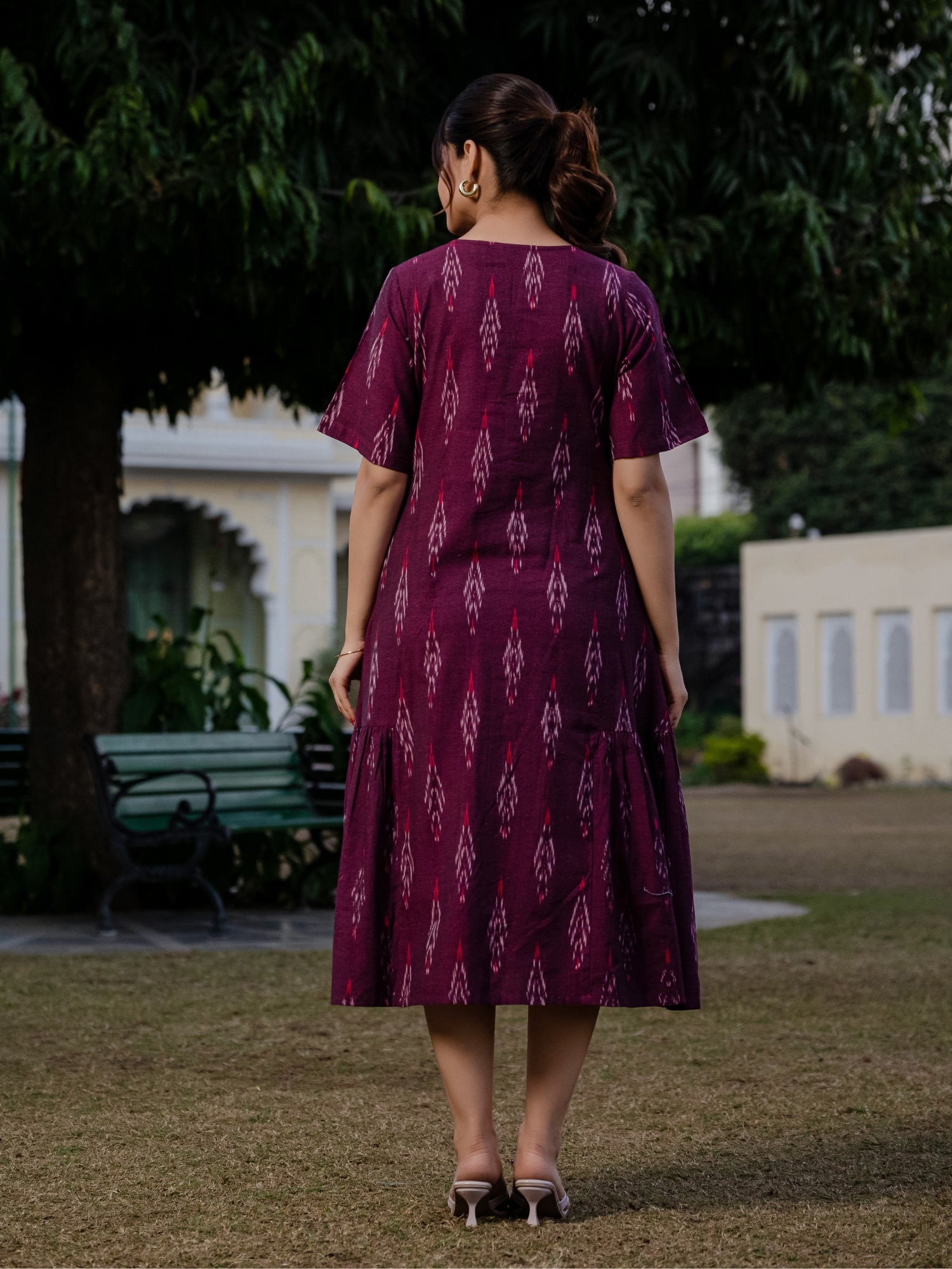 Back view of wine Ikkat midi dress made in pure cotton