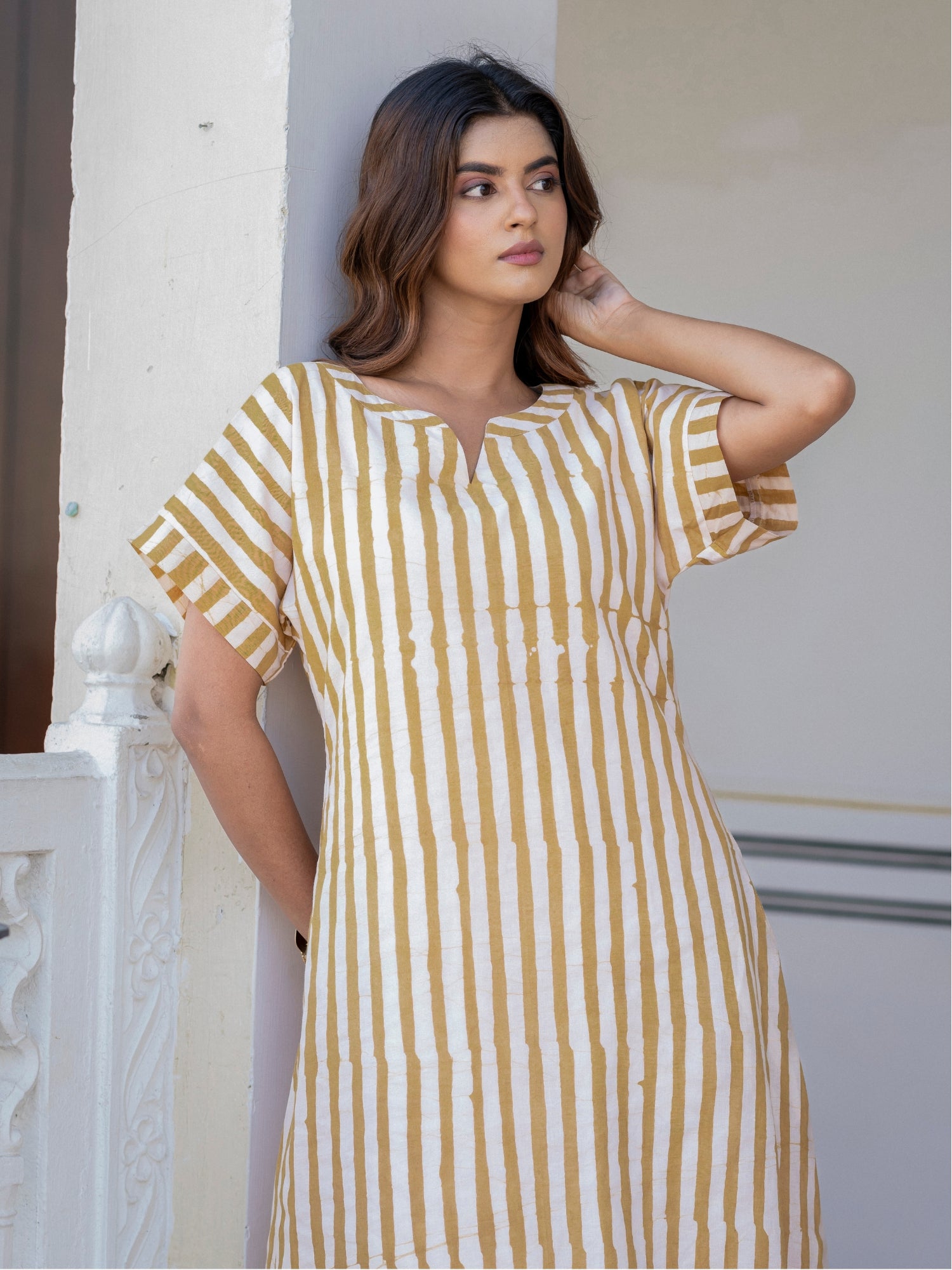 Darzaania The Weekend Dress handcrafted striped cotton midi dress detail shot