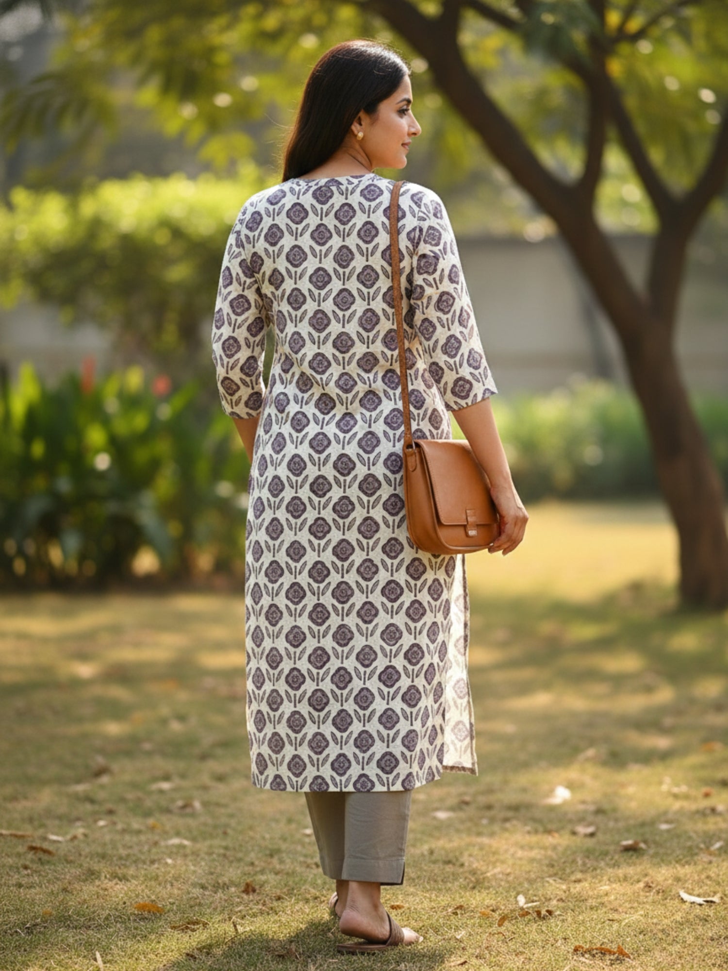 Handcrafted ajrakh cotton kurti in taupe and off white for women