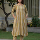 Subtle mustard Ajrakh cotton co-ord set for women with relaxed fit and handcrafted block print, front view