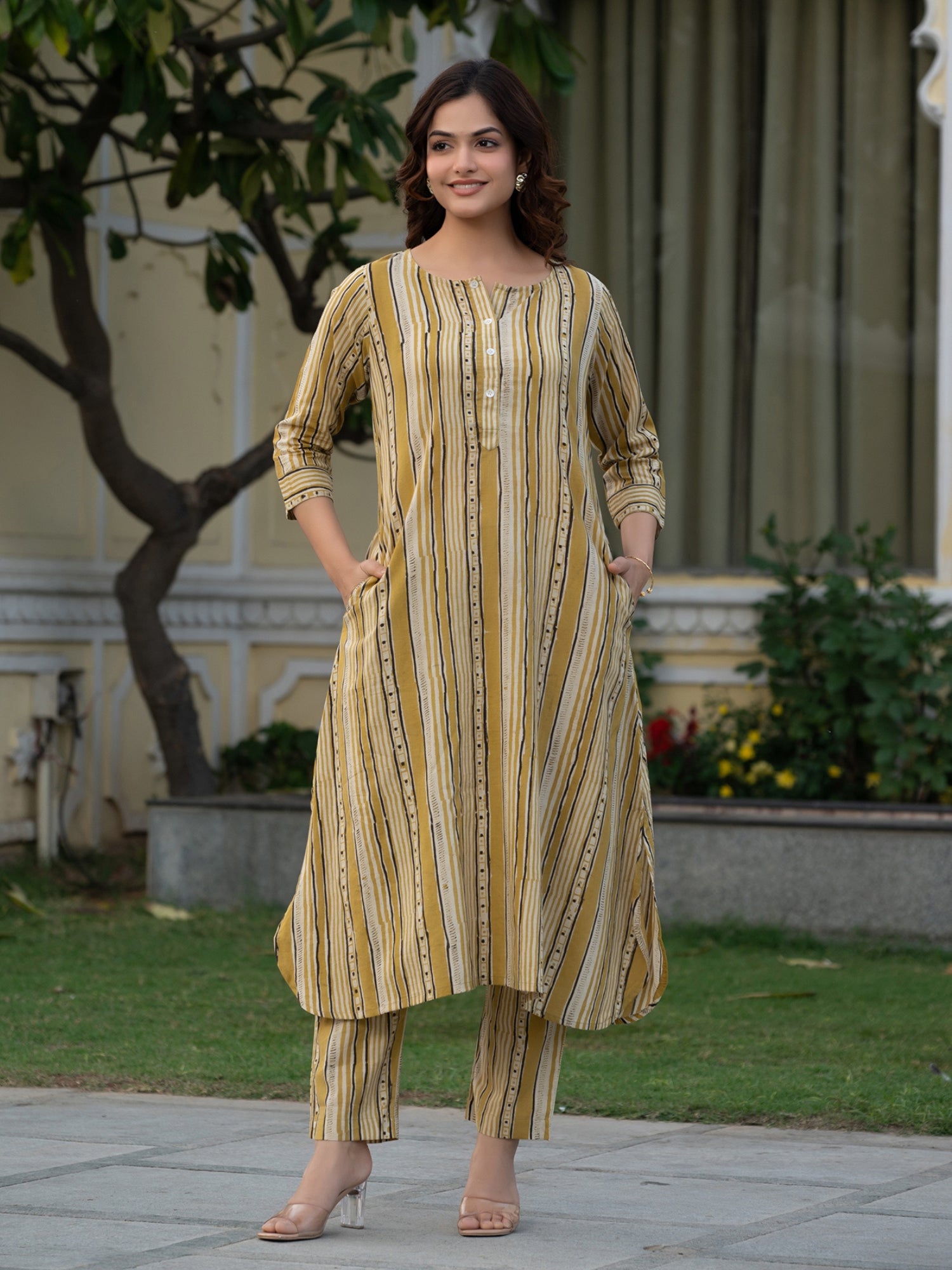 Subtle mustard Ajrakh cotton co-ord set for women with relaxed fit and handcrafted block print, front view