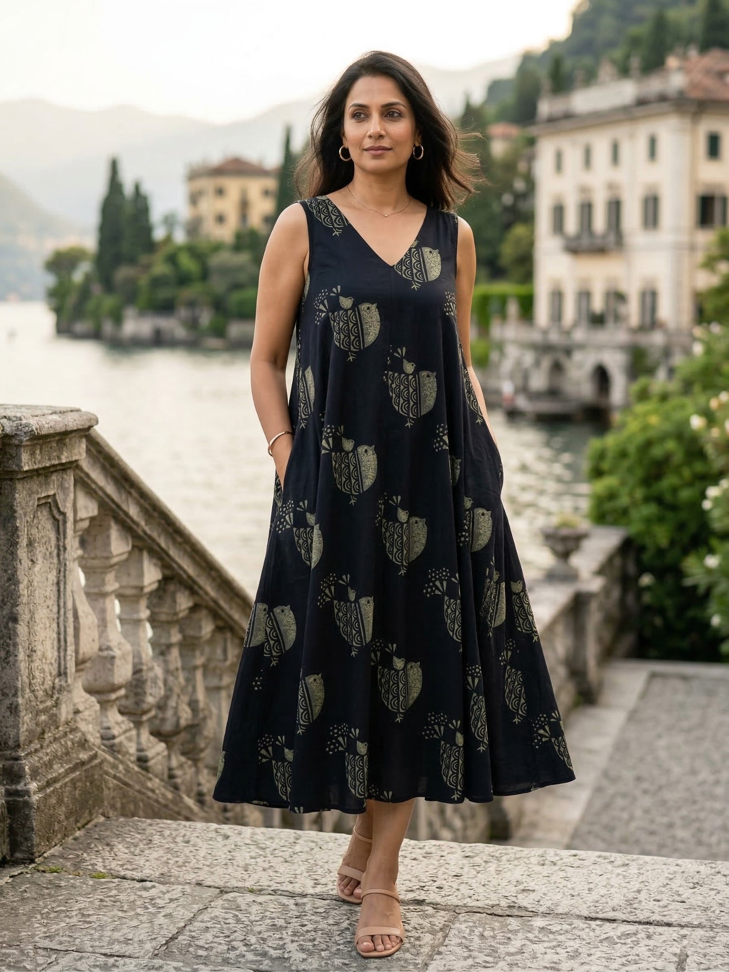 Black cotton block print dress front