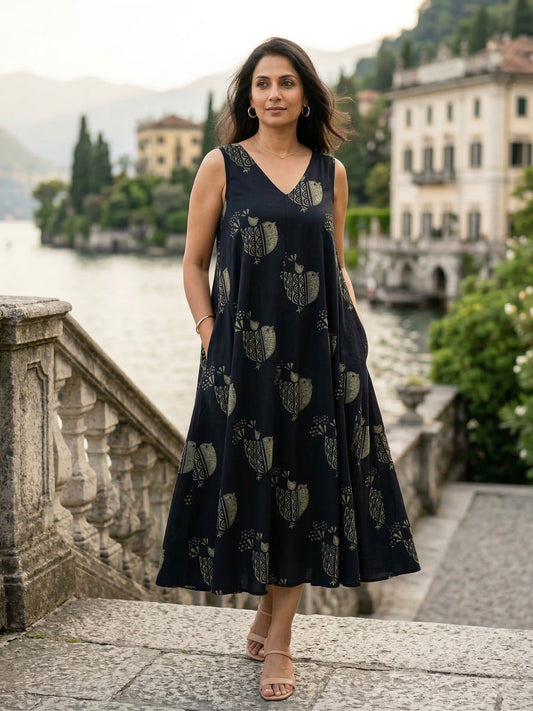 Black cotton block print dress front