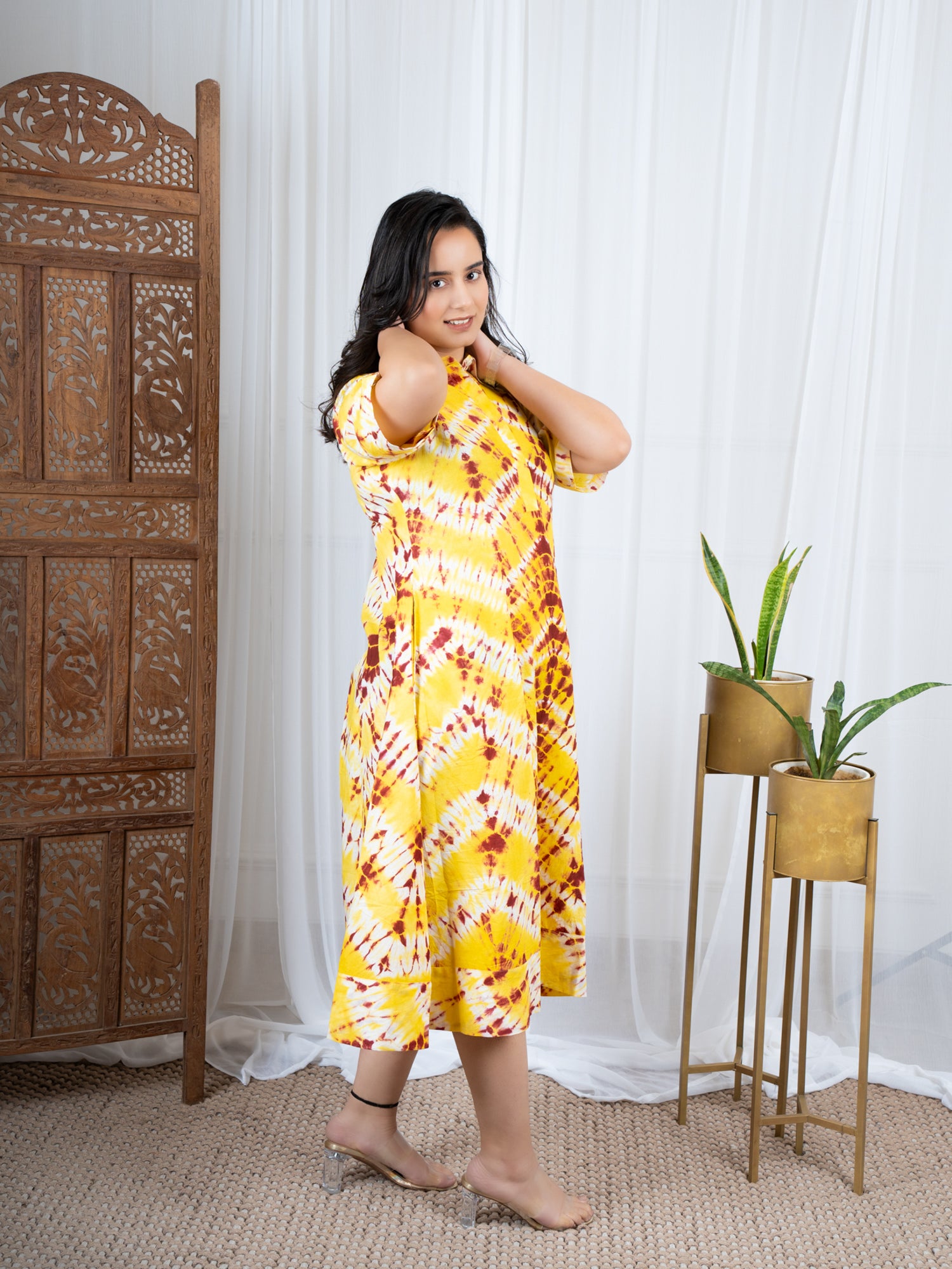 Yellow Shibori Cotton Tie Dye Collared Dress