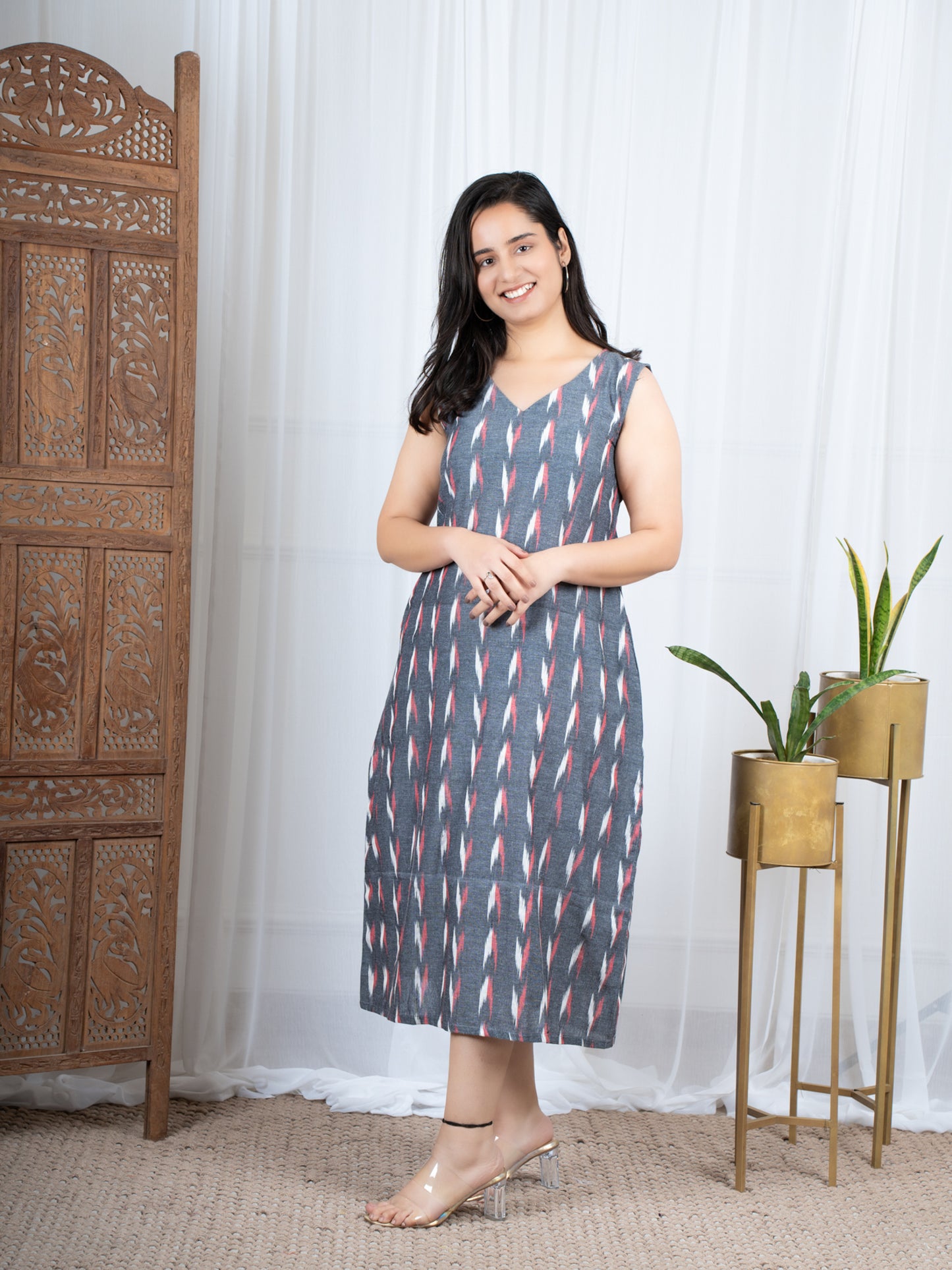Grey Ikkat Cotton Dress for women