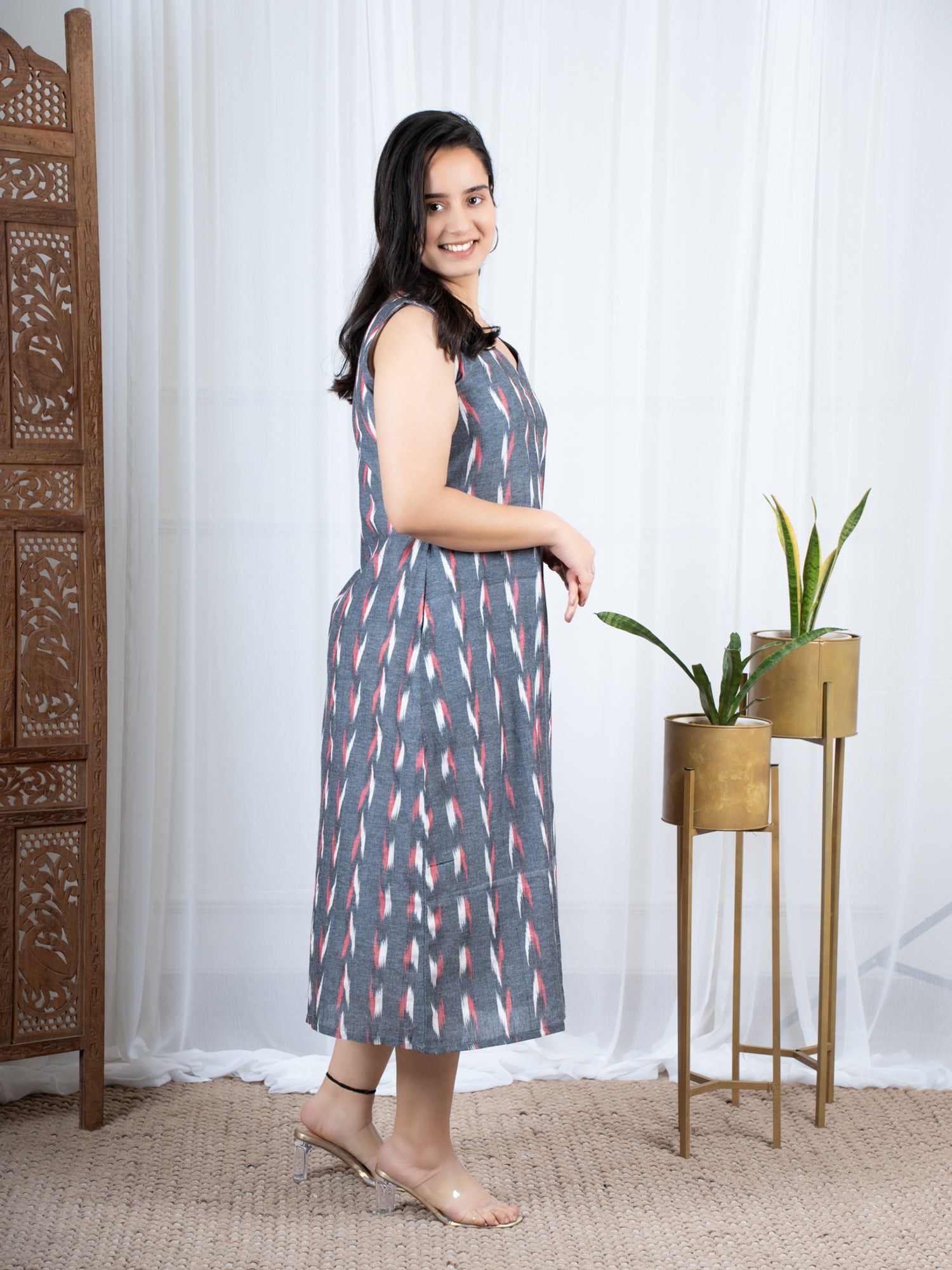 Darzaania Grey Ikkat Cotton Dresses for women