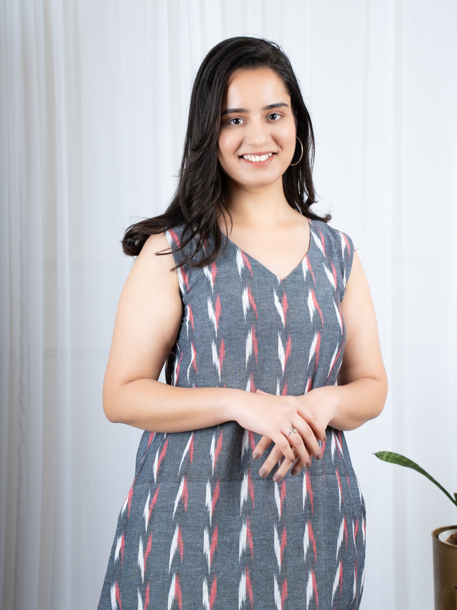 Grey Ikat Work Wear Sleeveless dressfor women