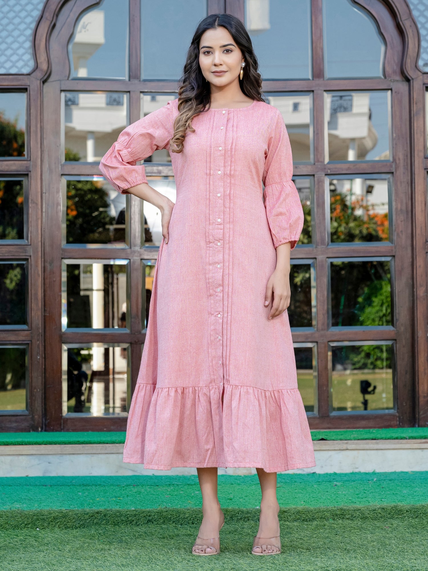 Buy Peach Pink Color A Line Dresses for Women | CraftsandLooms Darzaania Buy Peach Pink Color A Line Dresses for Women | CraftsandLooms Darzaania