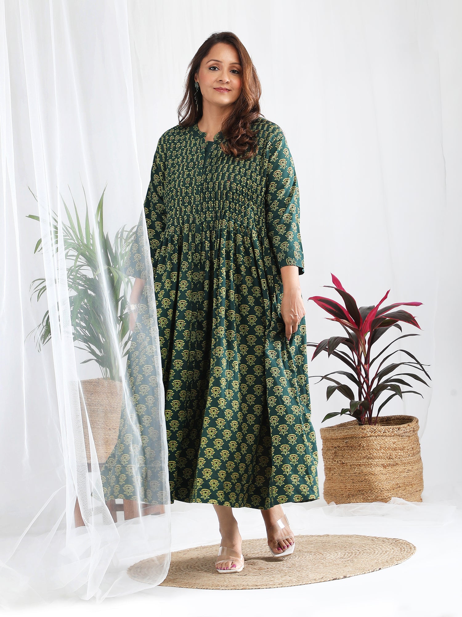 Ajrakh Handblock Pure Cotton Green Dress for Women