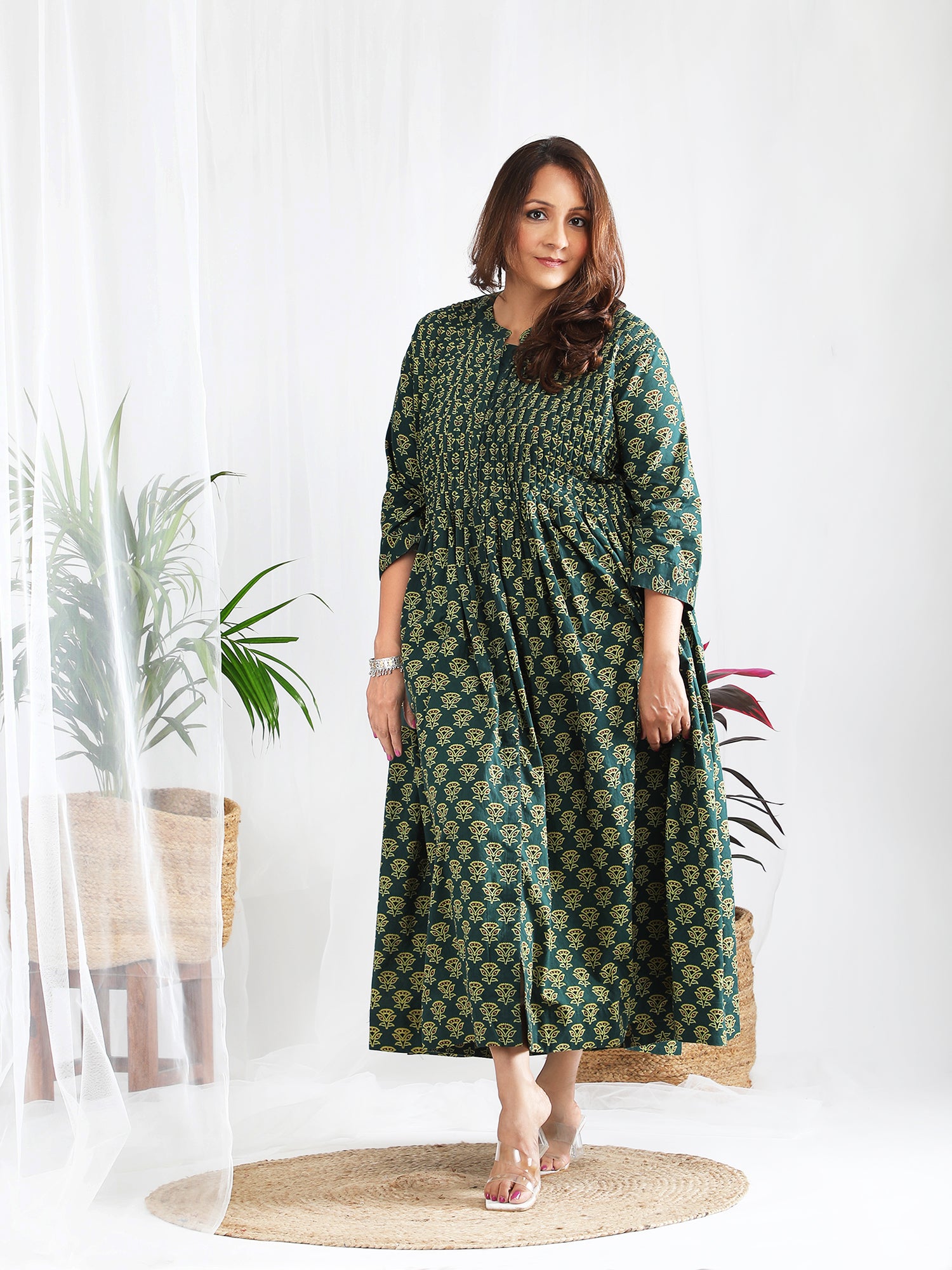 Long Green dress for women in Ajrakh cotton fabric