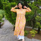 mustard color block print cotton long kurta for women