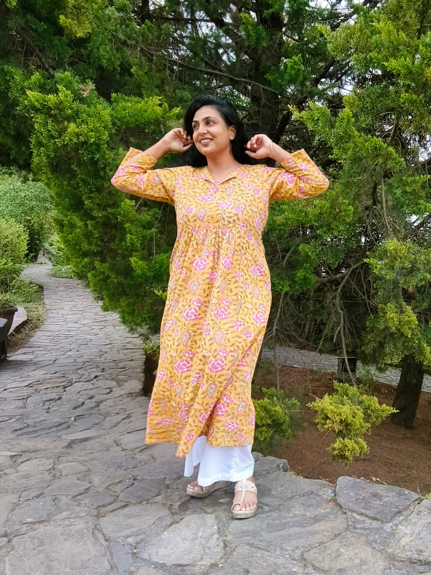 mustard color block print cotton long kurta for women