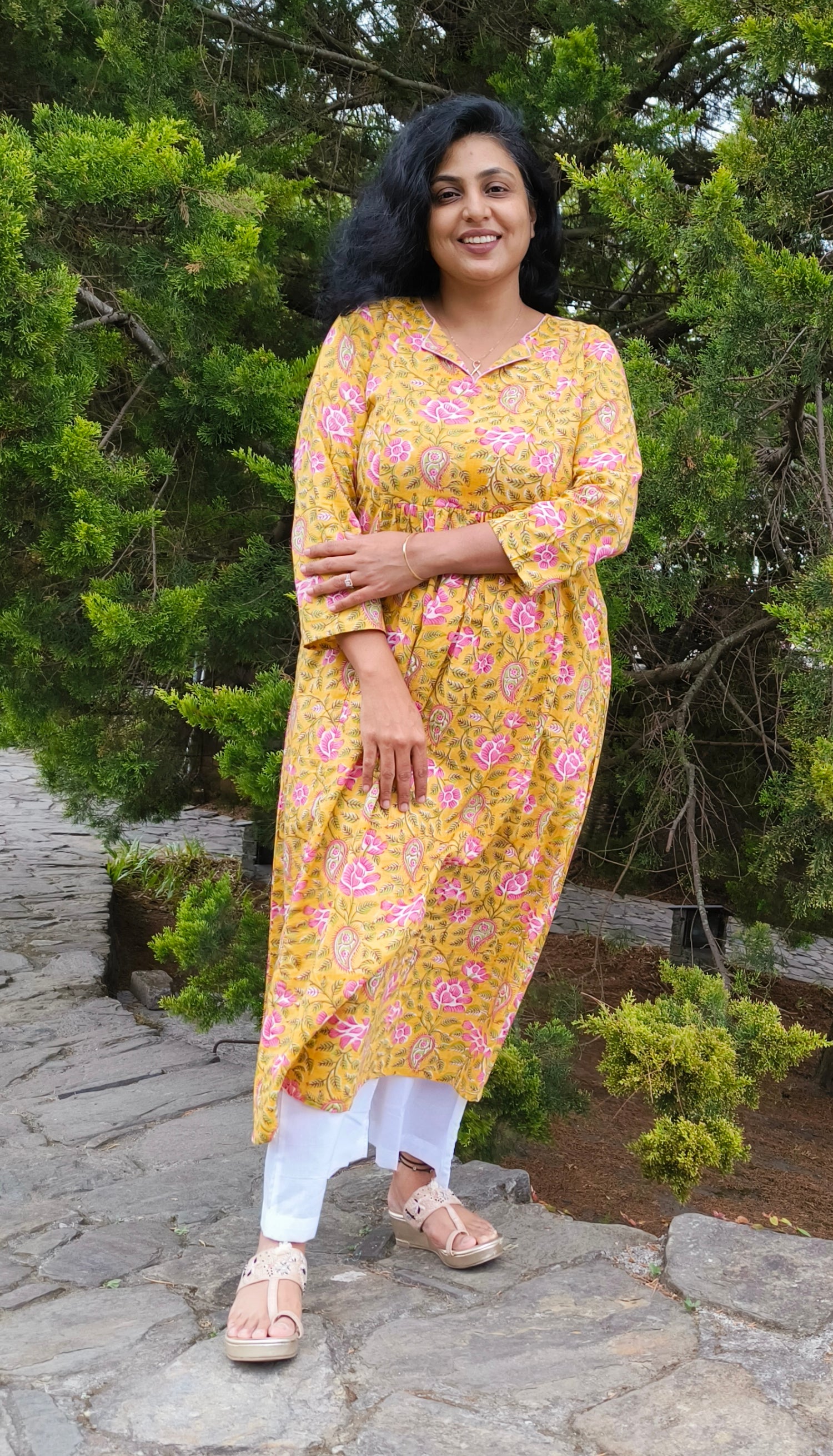 mustard block print cotton kurti