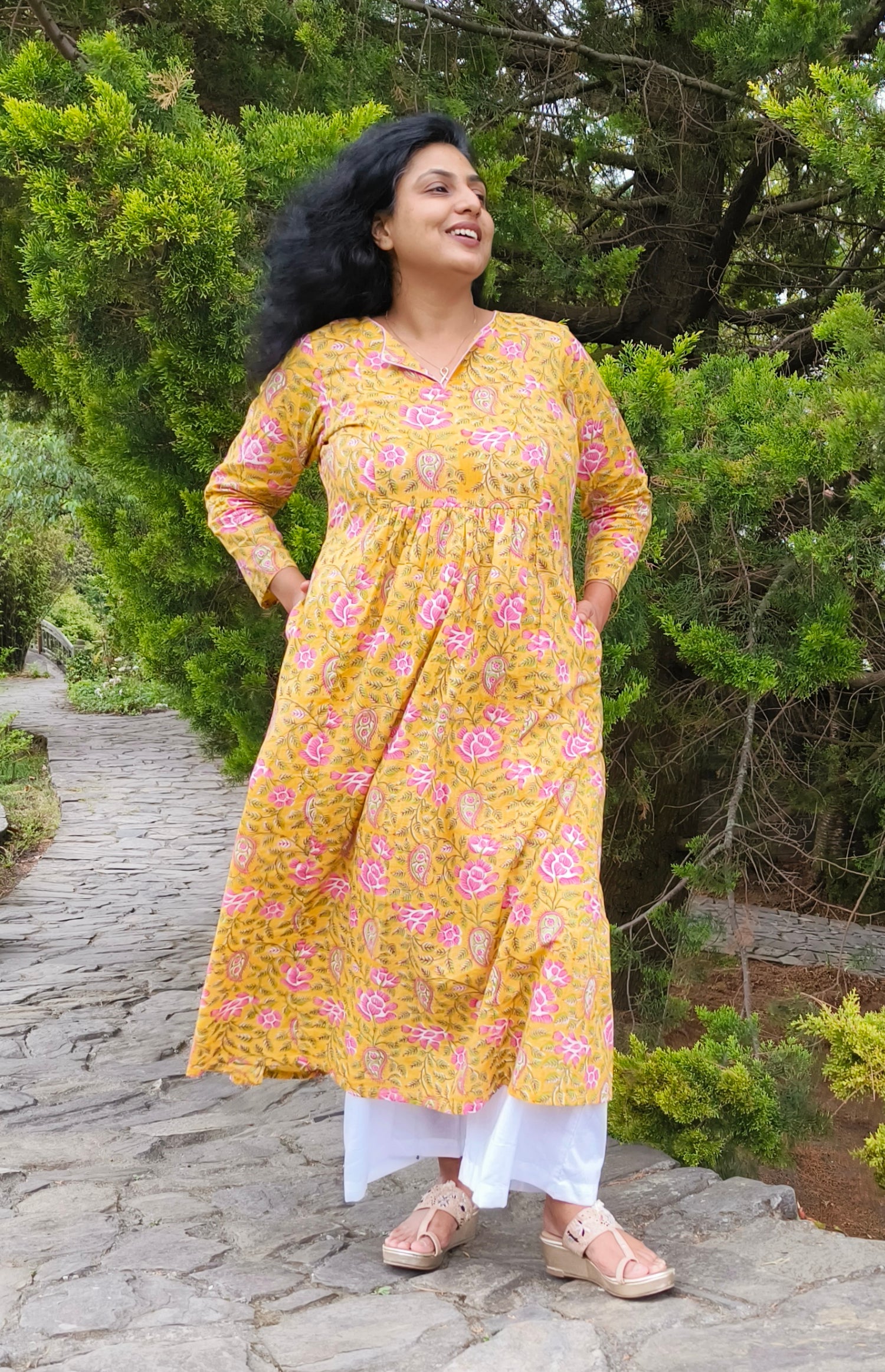 yellow block print cotton kurta 
