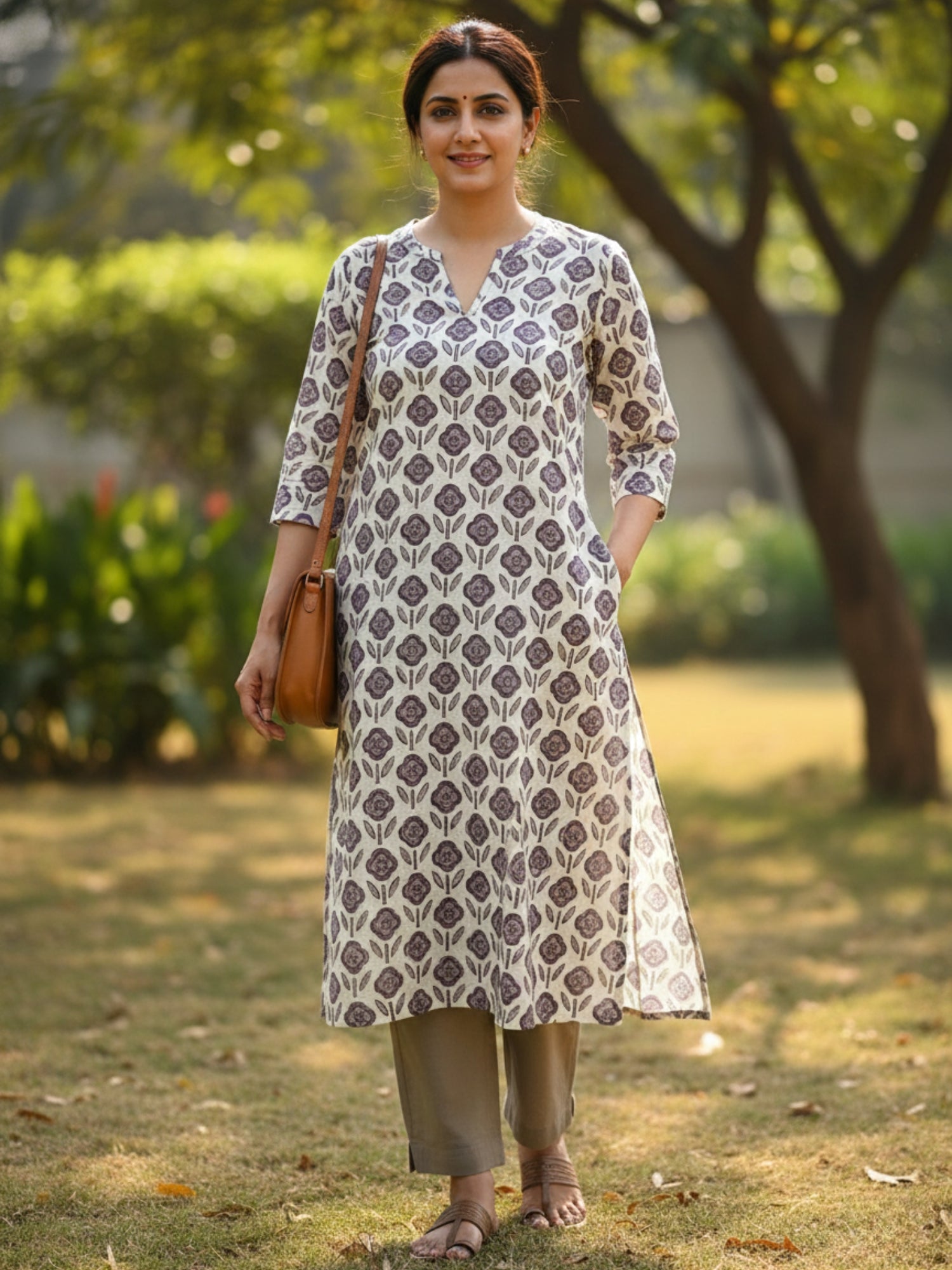 lilac ajrakh block print cotton kurta for women in earthy tones