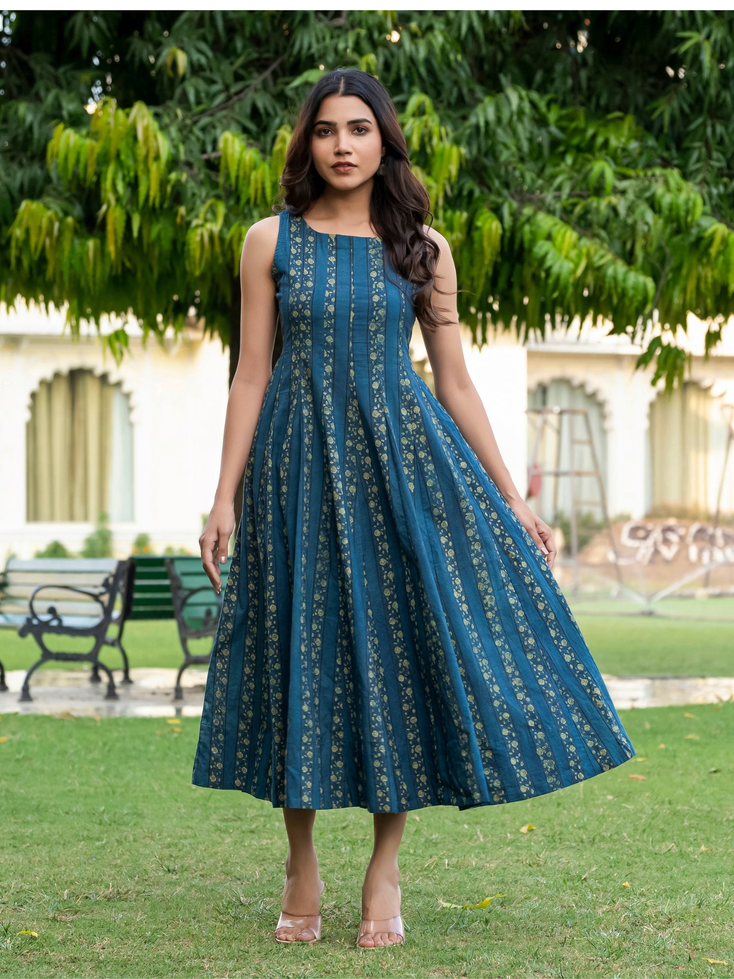 Ajrakh Handblock Pure Cotton Green Dress for Women