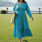 teal blue ikat button down dress by Darzaania, ankle length blue button down vacation wear for women 