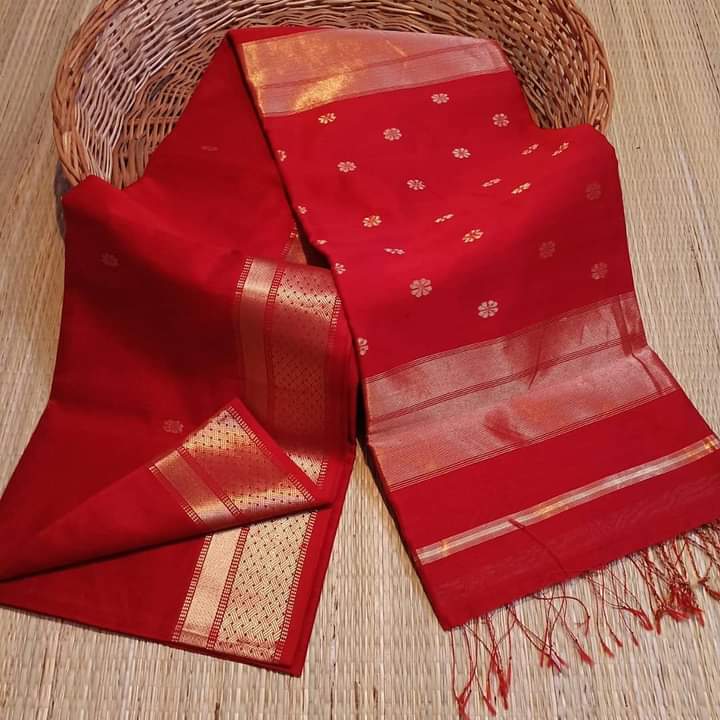 Maheshwari cotton Silk Red Color Saree with Zari border