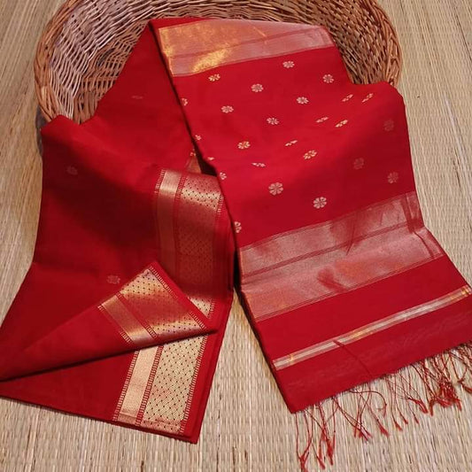Maheshwari cotton Silk Red Color Saree with Zari border