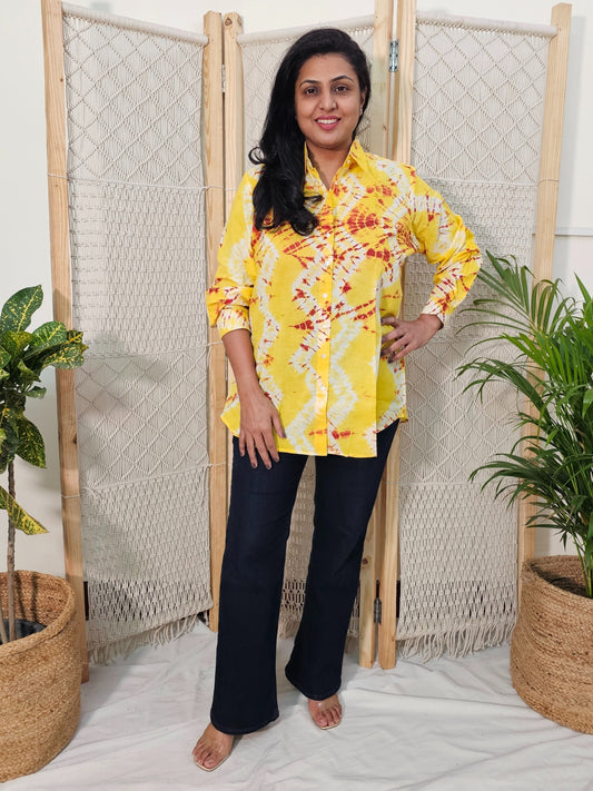 Yellow Shibori Pure Cotton Shirt for women