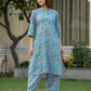 Sky blue cotton kurta co ord set for women with pink hand block floral print