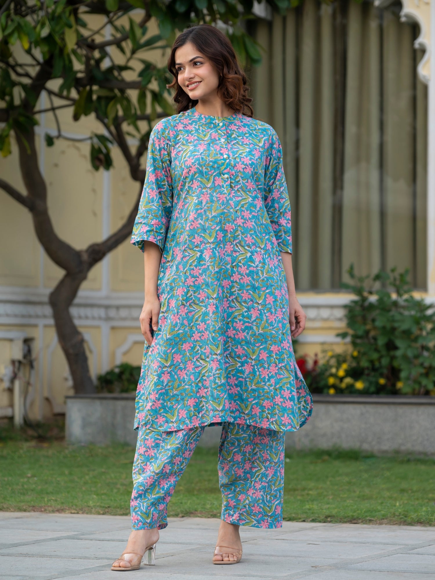 Sky blue cotton kurta co ord set for women with pink hand block floral print