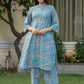 Pastel aqua kurta set in cool cotton featuring pink hand blocked flowers