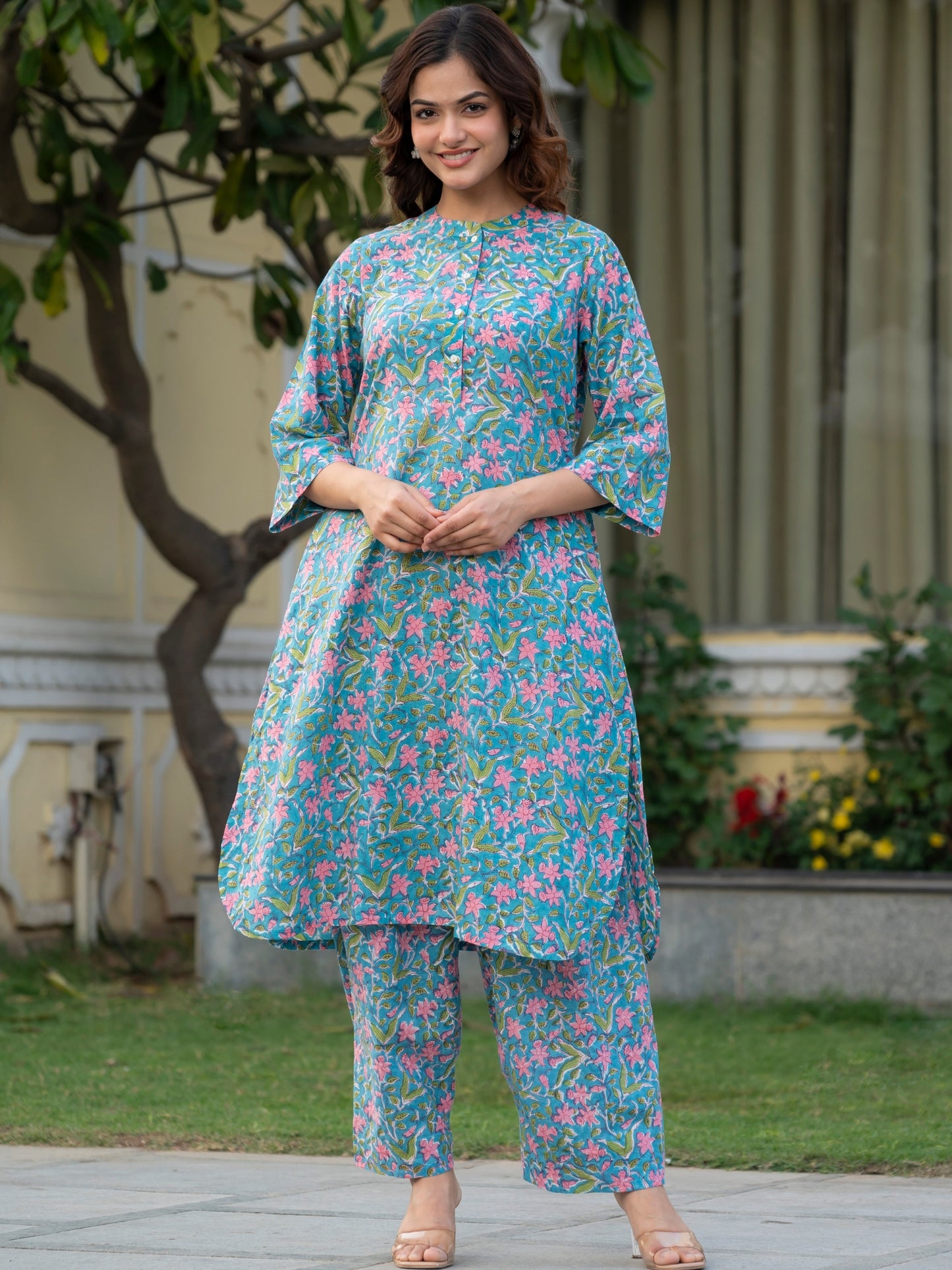 Pastel aqua kurta set in cool cotton featuring pink hand blocked flowers