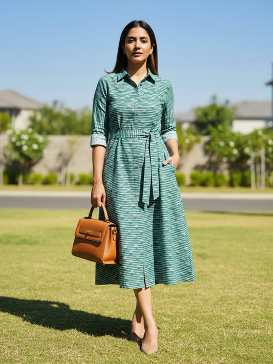 Handwoven ikat cotton shirt dress front view with concealed placket, belt, and pockets, shown on model in natural daylight.