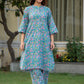 Handcrafted sky blue kurta with pastel pink floral block print for summer wear