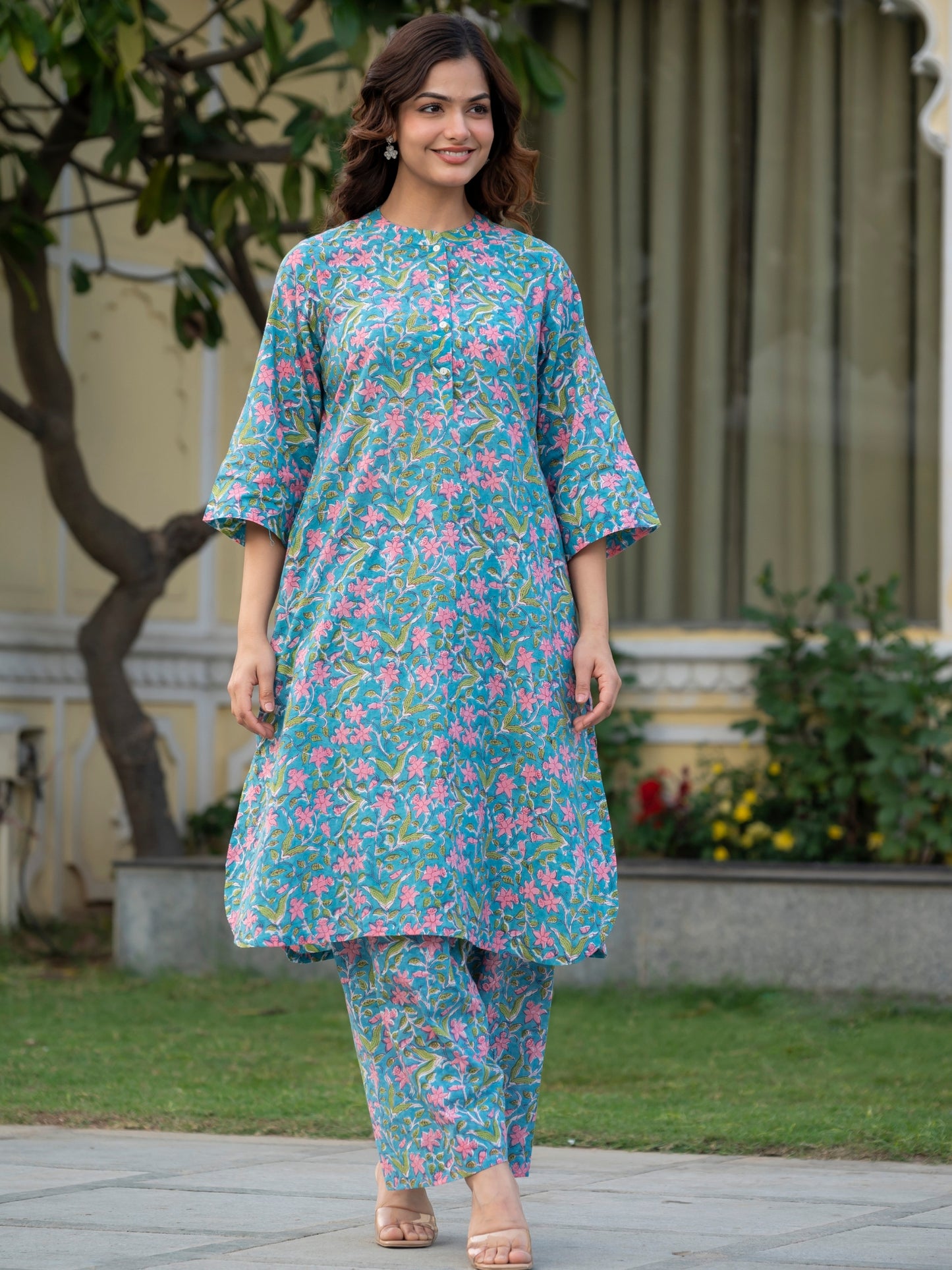 Handcrafted sky blue kurta with pastel pink floral block print for summer wear