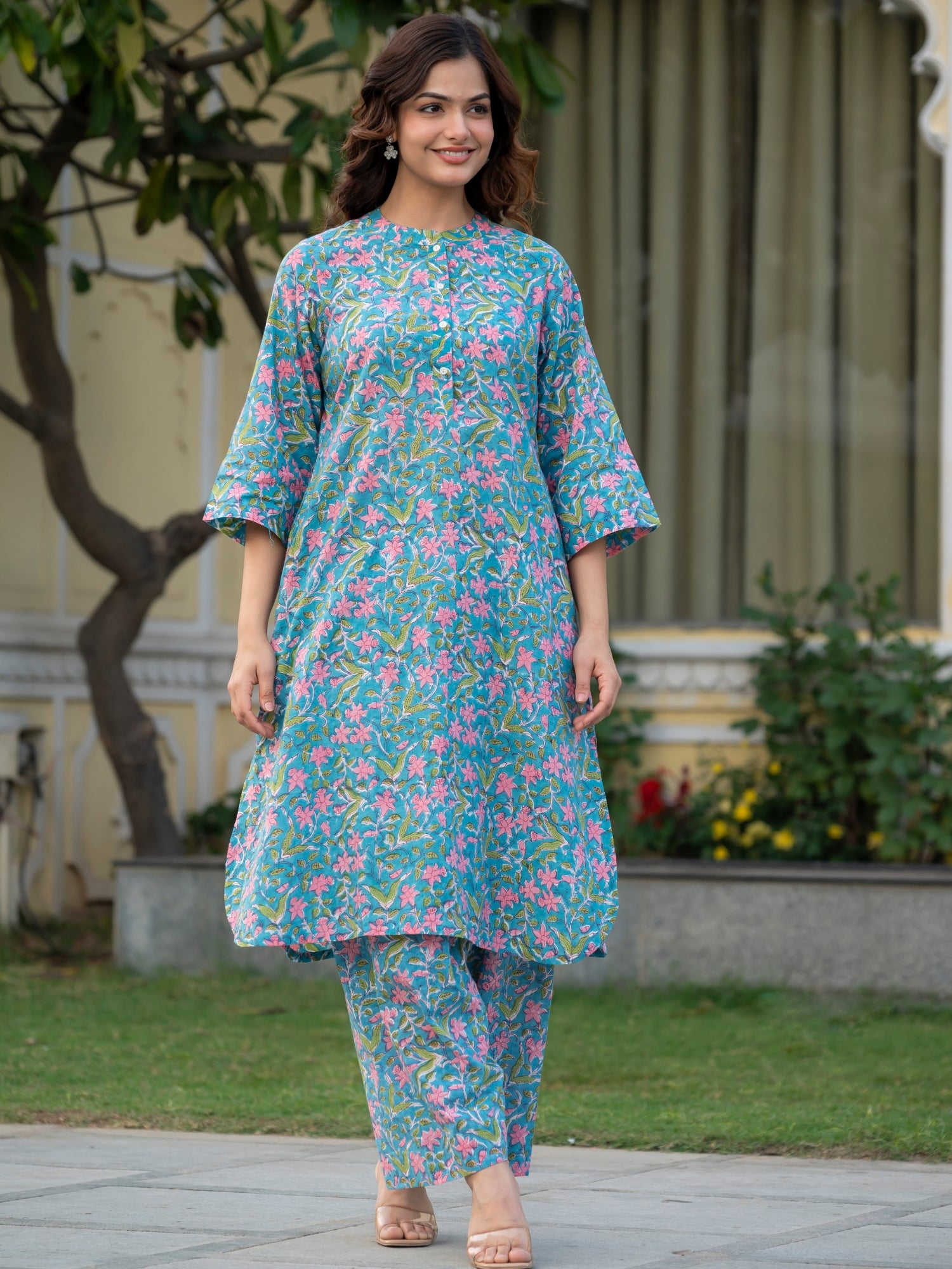 Handcrafted sky blue kurta with pastel pink floral block print for summer wear